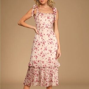 Lulus Terrace Views Taupe Floral Print Tiered Midi Dress